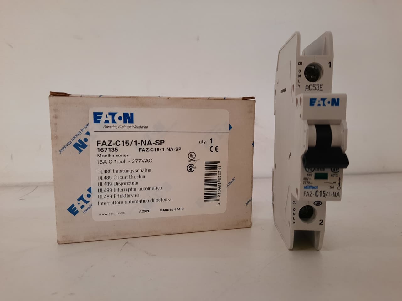 Eaton FAZ-C15/1-NA-SP 277 VAC, 48 VDC, 15 A, 10 kA Interrupt Rating, 5 to 10 x Rated Current, 1-Pole, Screw Terminal, DIN Rail Mount, Current Limiting, Thermal Magnetic, Supplementary Protector (1 per Pack) Eaton FAZ-C15/1-NA-SP 277 VAC, 48 VDC, 15 A, 10 kA Interrupt Rating, 5 to 10 x Rated Current, 1-Pole, Screw Terminal, DIN Rail Mount, Current Limiting, Thermal Magnetic, Supplementary Protector (1 per Pack)