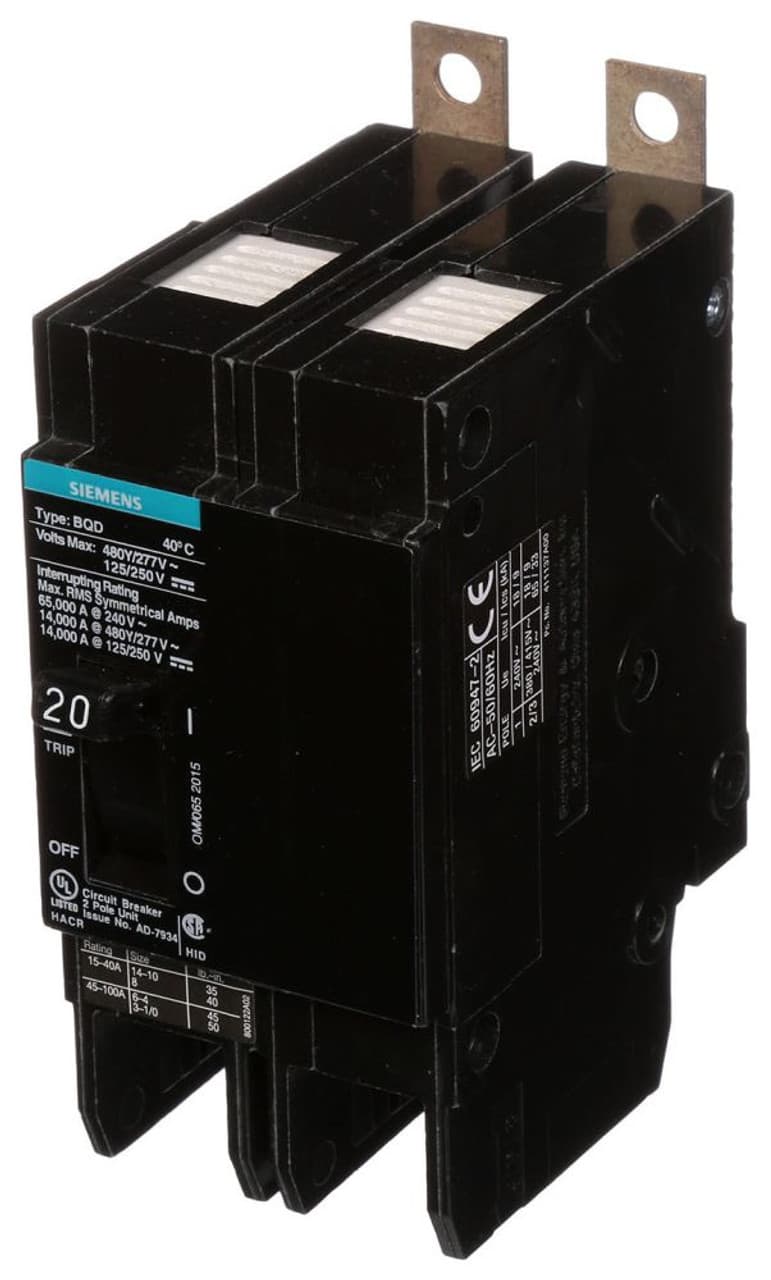 Siemens BQD220 BREAKER BQD 2P 20A 480VAC 14KA Siemens BQD220 BREAKER BQD 2P 20A 480VAC 14KA