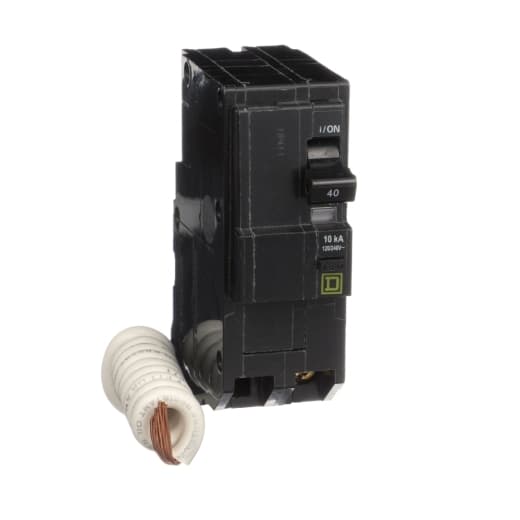 Schneider Electric QO240EPD Square D by Schneider Electric QO240EPD is a Miniature Circuit Breaker (MCB) designed with Equipment Protection Device (EPD) functionality, offering ground fault protection. This 2-pole circuit breaker features a plug-in mounting mode and a plug-in connection type, facilitating easy installation. It is rated for a current of 40A and supports a voltage range of 120V to 240V AC. The QO240EPD can accommodate a wire size of 12-4AWG (1 cable Al) and is equipped with box lugs terminals. It has a residual current sensitivity of 30mA / 0.03 and a short circuit breaking rating of 10kA at 240Vac, ensuring protection against ground faults and short circuits. Schneider Electric QO240EPD Square D by Schneider Electric QO240EPD is a Miniature Circuit Breaker (MCB) designed with Equipment Protection Device (EPD) functionality, offering ground fault protection. This 2-pole circuit breaker features a plug-in mounting mode and a plug-in connection type, facilitating easy installation. It is rated for a current of 40A and supports a voltage range of 120V to 240V AC. The QO240EPD can accommodate a wire size of 12-4AWG (1 cable Al) and is equipped with box lugs terminals. It has a residual current sensitivity of 30mA / 0.03 and a short circuit breaking rating of 10kA at 240Vac, ensuring protection against ground faults and short circuits.