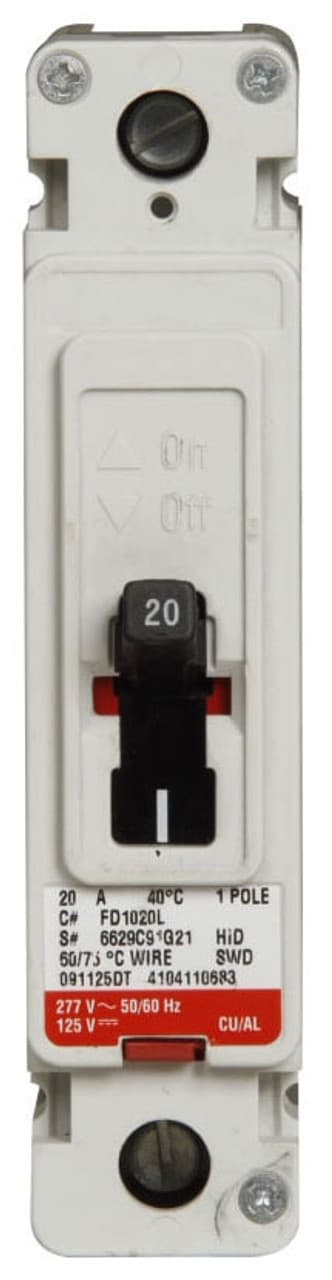 Crouse Hinds FD1040L 3 Pole thermal magnetic molded case circuit breaker with a current rating of 40 As and a voltage rating of 600VAC, 250VDC. Crouse Hinds FD1040L 3 Pole thermal magnetic molded case circuit breaker with a current rating of 40 As and a voltage rating of 600VAC, 250VDC.