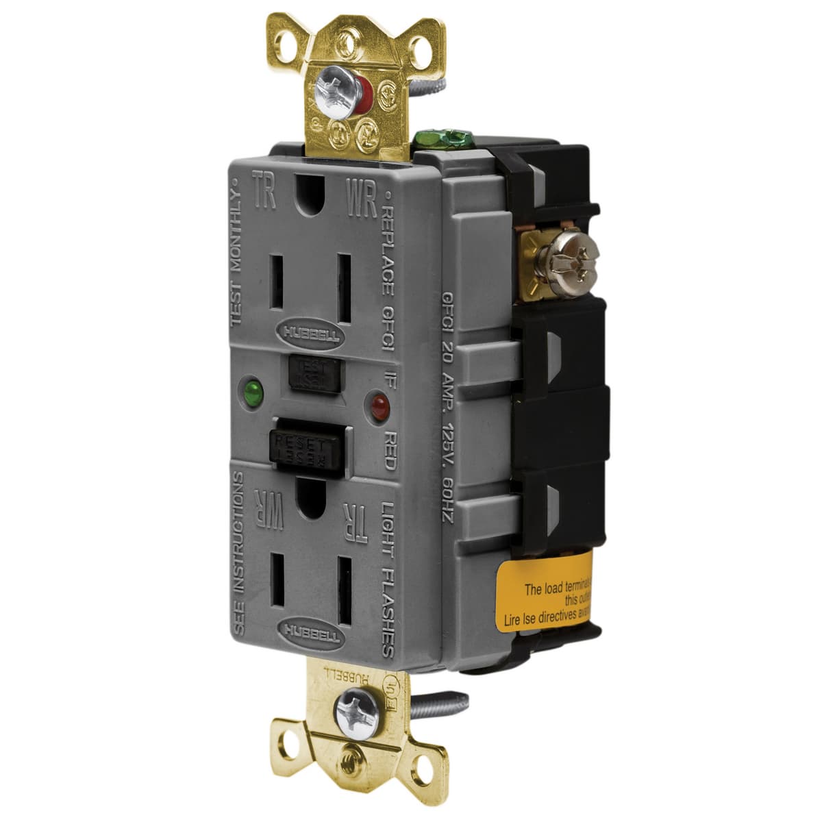 Hubbell GFR5262SGGY Power Protection Products, Receptacles, GFCI, Tamper and Weather Resistant, Industrial Grade, Self Test, 15A 125V, 2-Pole 3-Wire Grounding, 5-15R, Gray. ; 10kA Short Circuit Current Rating ; Limits improper access to energized contacts ; Power indication Hubbell GFR5262SGGY Power Protection Products, Receptacles, GFCI, Tamper and Weather Resistant, Industrial Grade, Self Test, 15A 125V, 2-Pole 3-Wire Grounding, 5-15R, Gray. ; 10kA Short Circuit Current Rating ; Limits improper access to energized contacts ; Power indication