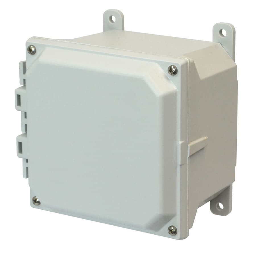 Allied Moulded Products AMU664 6"x6"x4" ULTRALINE® fiberglass wall mount enclosure assembly with 4-screw lift-off cover Allied Moulded Products AMU664 6"x6"x4" ULTRALINE® fiberglass wall mount enclosure assembly with 4-screw lift-off cover
