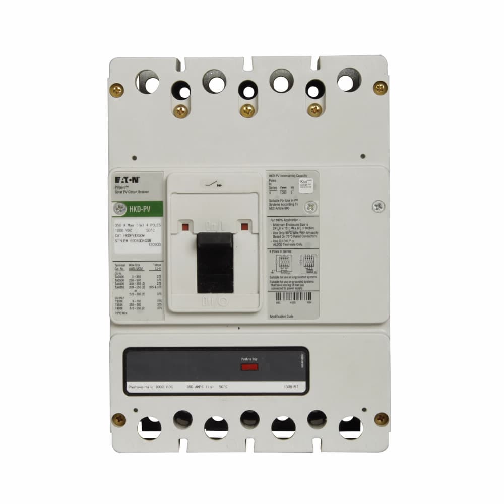 Eaton KDPV4300WF01 KDPV4300WF01 Eaton - Eaton PV Guard / Solar complete molded case circuit breaker, K-frame, KD, Complete breaker, Fixed thermal, fixed magnetic trip type, Four-pole, 300A, 1000 Vdc, 5 kAIC, Without terminals, Photo voltaic, Freeze tested, 50°C, 80% rated Eaton KDPV4300WF01 KDPV4300WF01 Eaton - Eaton PV Guard / Solar complete molded case circuit breaker, K-frame, KD, Complete breaker, Fixed thermal, fixed magnetic trip type, Four-pole, 300A, 1000 Vdc, 5 kAIC, Without terminals, Photo voltaic, Freeze tested, 50°C, 80% rated