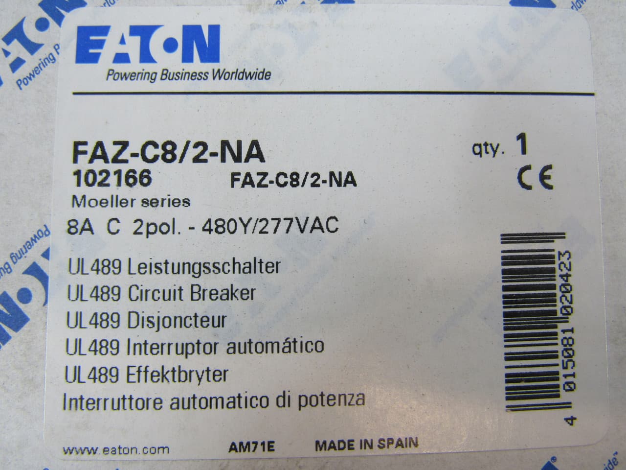 Eaton FAZ-C8/2-NA 277/480 VAC 50/60 Hz, 8 A, 2-Pole, 10/14 kA, 5 to 10 x Rated Current, Screw Terminal, DIN Rail Mount, Standard Packaging, C-Curve, Current Limiting, Thermal Magnetic Eaton FAZ-C8/2-NA 277/480 VAC 50/60 Hz, 8 A, 2-Pole, 10/14 kA, 5 to 10 x Rated Current, Screw Terminal, DIN Rail Mount, Standard Packaging, C-Curve, Current Limiting, Thermal Magnetic