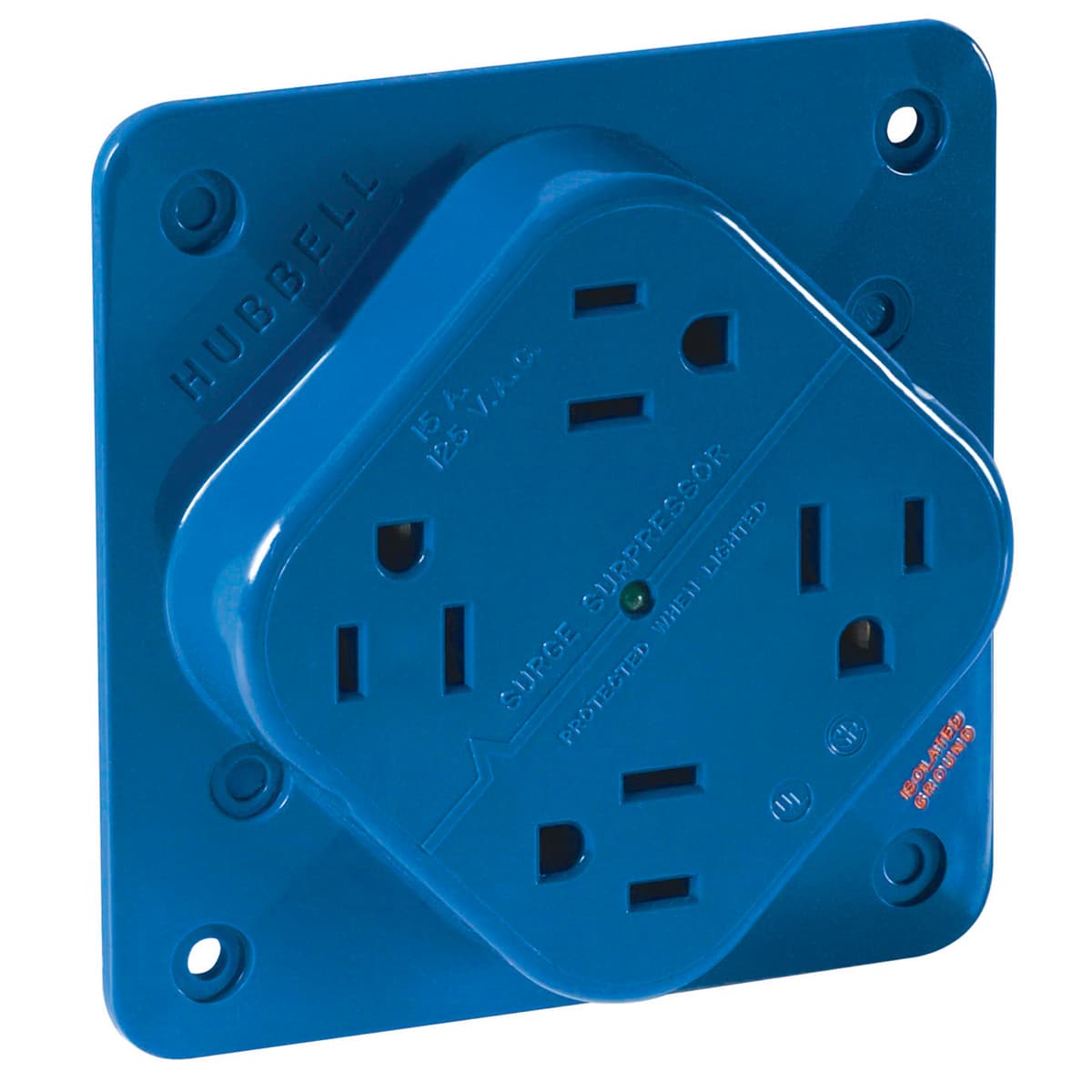 Hubbell 1254SA Straight Blade Devices, Receptacles, QUADPLEX Receptacle, Surge Suppression, Isolated Ground, 15A 125V, 2-Pole 3-Wire Grounding, 5-15R, Blue ; Commercial/Industrial Hubbell 1254SA Straight Blade Devices, Receptacles, QUADPLEX Receptacle, Surge Suppression, Isolated Ground, 15A 125V, 2-Pole 3-Wire Grounding, 5-15R, Blue ; Commercial/Industrial