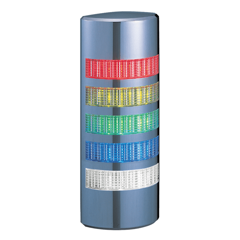 Patlite WE-502-RYGBC 37.5mm profile 5-Tier wall mount LED signal tower, AC/DC24V, continuous light, chrome body. Patlite WE-502-RYGBC 37.5mm profile 5-Tier wall mount LED signal tower, AC/DC24V, continuous light, chrome body.