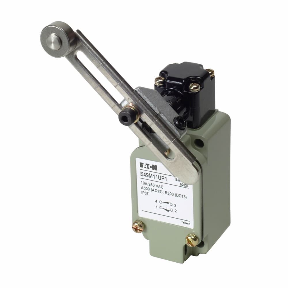 Eaton E49M11UP1 E49M11UP1 Eaton - Assembled Limit Switch, E49, Adjustable roller lever, Screw Terminals, 10A at 250 Vac, 1.5A at 24 Vdc, Standard DIN, 1 mm-2m/s, 1NO-1NC Eaton E49M11UP1 E49M11UP1 Eaton - Assembled Limit Switch, E49, Adjustable roller lever, Screw Terminals, 10A at 250 Vac, 1.5A at 24 Vdc, Standard DIN, 1 mm-2m/s, 1NO-1NC