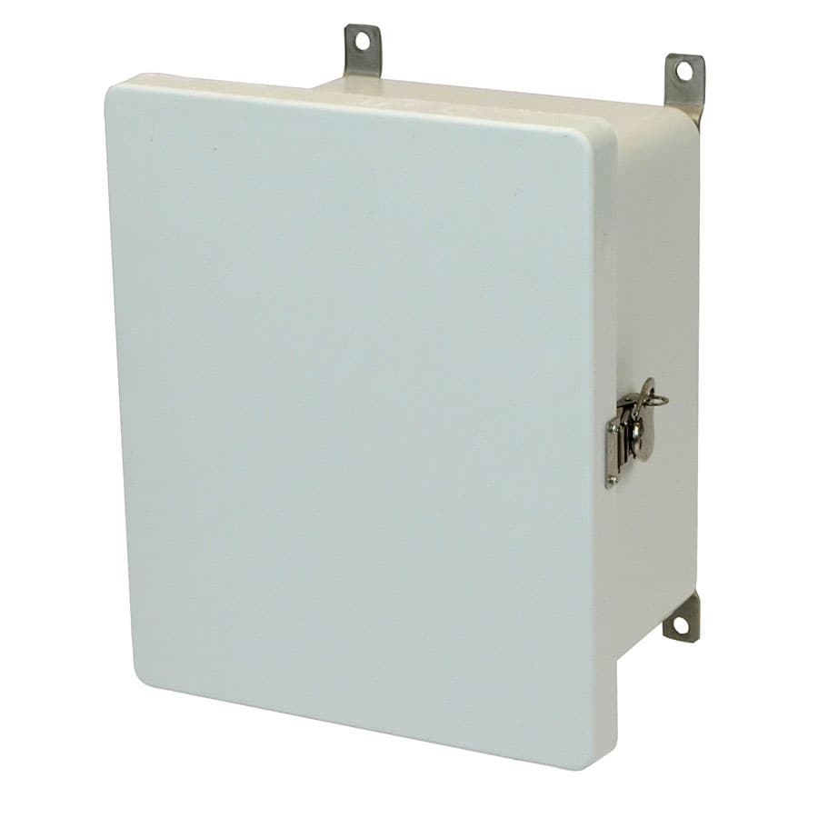 Allied Moulded Products AM1084T 10"x8"x4" AM Series fiberglass wall mount enclosure assembly with hinged cover and stainless-steel twist latch Allied Moulded Products AM1084T 10"x8"x4" AM Series fiberglass wall mount enclosure assembly with hinged cover and stainless-steel twist latch