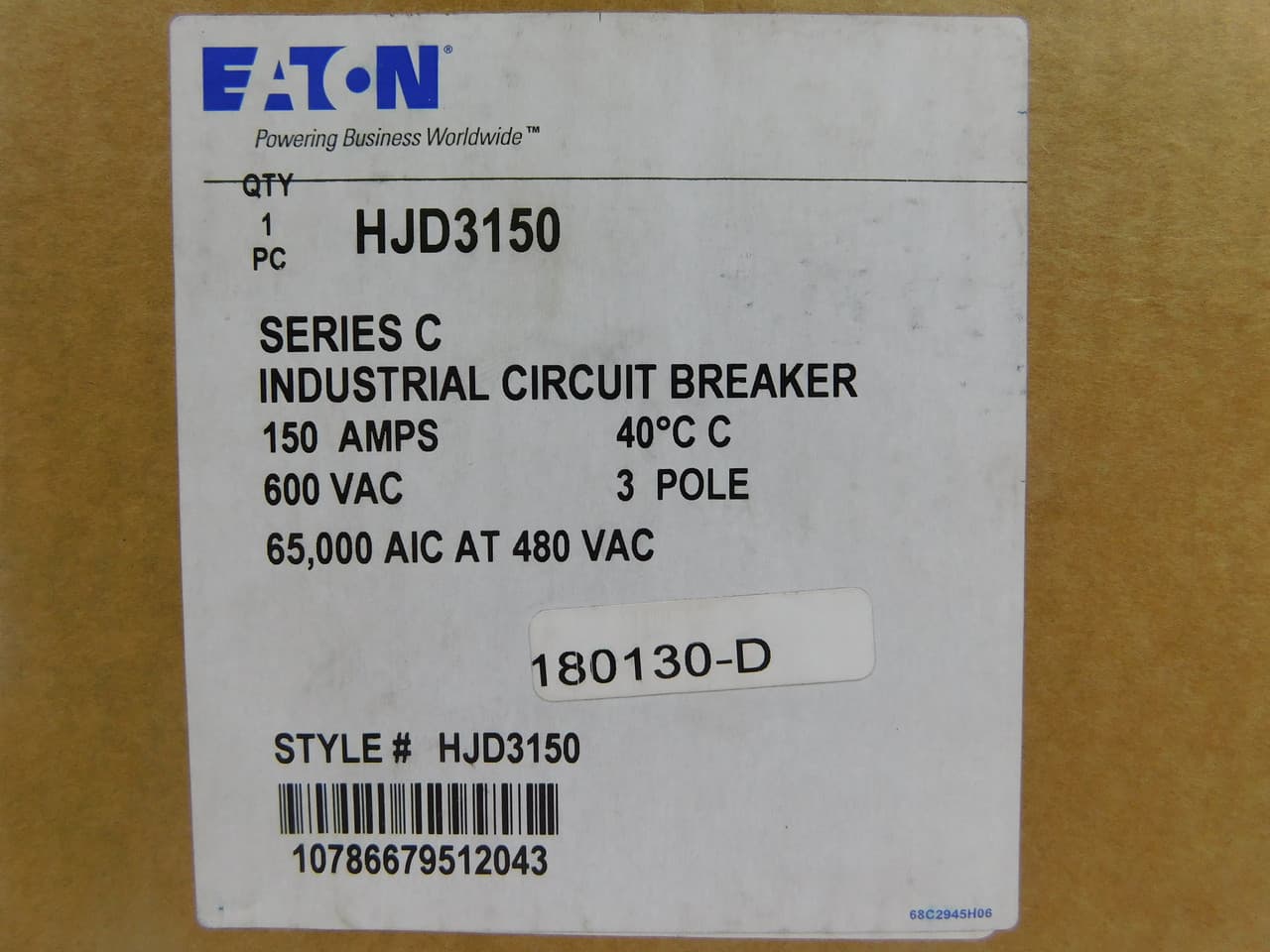 Eaton HJD3150 HJD3150 Eaton - Eaton Series C complete molded case circuit breaker, J-frame, HJD, Fixed thermal, Fixed magnetic trip, Three-pole, 150 A, 600 Vac, 250 Vdc, 100 kAIC at 240 Vac, 65 kAIC at 480 Vac, Aluminum, Line and load, 50/60 Hz Eaton HJD3150 HJD3150 Eaton - Eaton Series C complete molded case circuit breaker, J-frame, HJD, Fixed thermal, Fixed magnetic trip, Three-pole, 150 A, 600 Vac, 250 Vdc, 100 kAIC at 240 Vac, 65 kAIC at 480 Vac, Aluminum, Line and load, 50/60 Hz