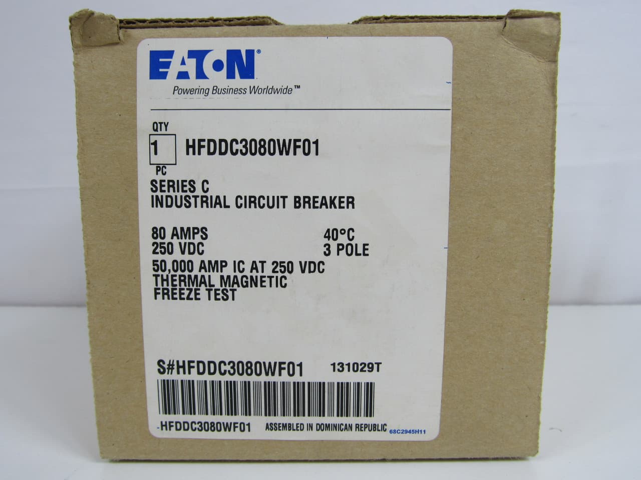 Eaton HFDDC3080WF01 HFDDC3080WF01 Eaton - Eaton Series C DC/PvGard complete molded case circuit breaker, F-frame, HFD, Complete breaker, Fixed thermal, fixed magnetic trip type, Three-pole, 80A, 600 Vac, 250 Vdc, 42 kAIC at 600 Vac, Without terminals, Vdc, Freeze tested Eaton HFDDC3080WF01 HFDDC3080WF01 Eaton - Eaton Series C DC/PvGard complete molded case circuit breaker, F-frame, HFD, Complete breaker, Fixed thermal, fixed magnetic trip type, Three-pole, 80A, 600 Vac, 250 Vdc, 42 kAIC at 600 Vac, Without terminals, Vdc, Freeze tested