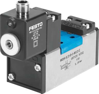 Festo 540803 solenoid valve MDH-5/2-D-1-M12D-C With M12 plug connection. Valve function: 5/2 monostable, Type of actuation: electrical, Width: 42 mm, Standard nominal flow rate: 1200 l/min, Operating pressure: 2 - 10 bar Festo 540803 solenoid valve MDH-5/2-D-1-M12D-C With M12 plug connection. Valve function: 5/2 monostable, Type of actuation: electrical, Width: 42 mm, Standard nominal flow rate: 1200 l/min, Operating pressure: 2 - 10 bar