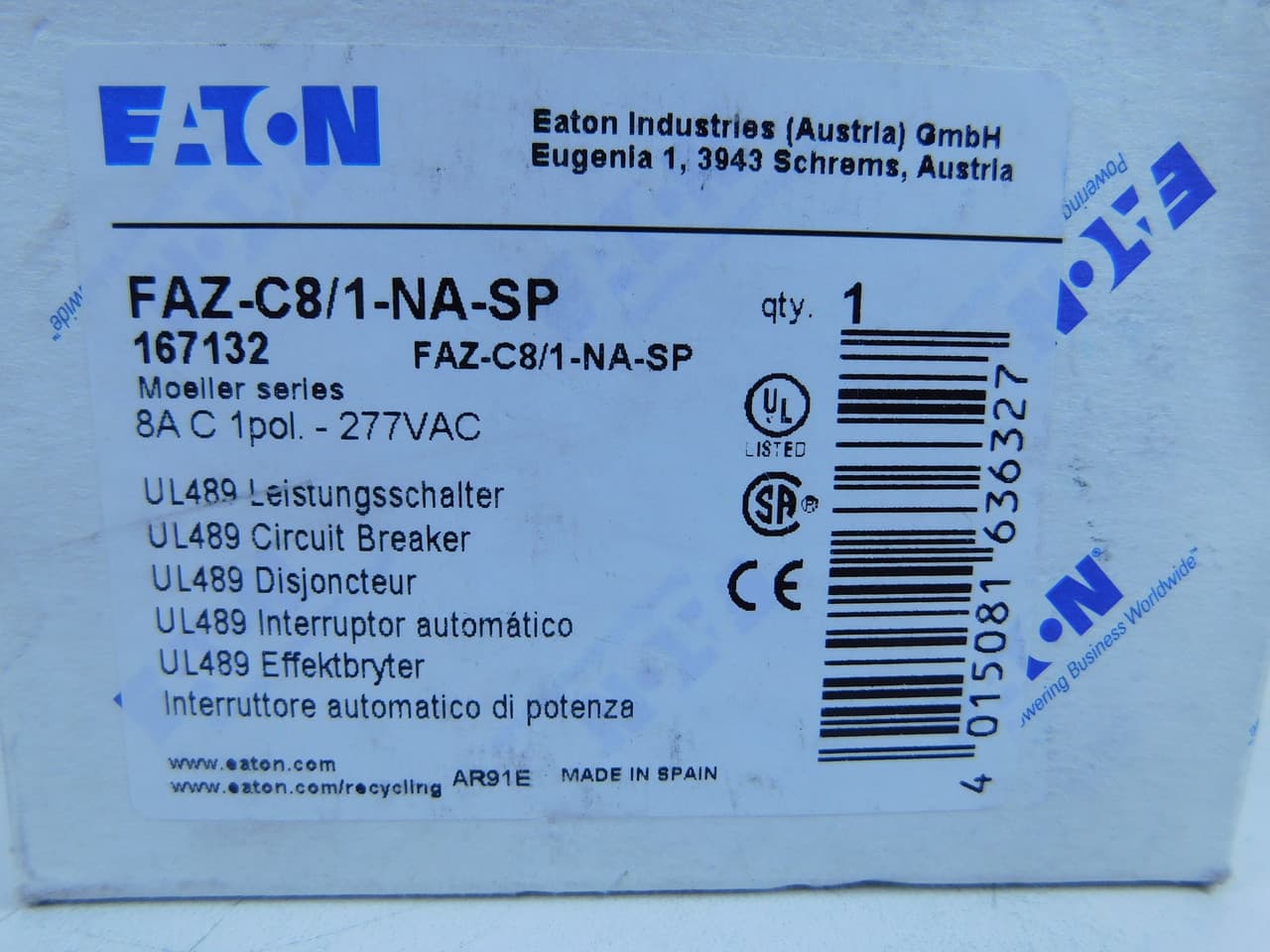 Eaton FAZ-C8/1-NA-SP Eaton FAZ branch protector,UL 489 Industrial miniature circuit breaker - supplementary protector,Single package,Medium levels of inrush current are expected,8 A,10 kAIC,Single-pole,277 V,5-10X /n,Q38,50-60 Hz,Screw terminals,C Curve Eaton FAZ-C8/1-NA-SP Eaton FAZ branch protector,UL 489 Industrial miniature circuit breaker - supplementary protector,Single package,Medium levels of inrush current are expected,8 A,10 kAIC,Single-pole,277 V,5-10X /n,Q38,50-60 Hz,Screw terminals,C Curve