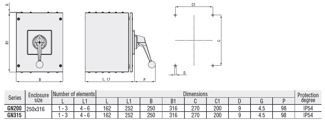 Lovato Electric GN31582L GN31582L Lovato - Enclosed rotary cam switch GN series, multi-step 1-2-3, 1 pole 315A in metal enclosure 250X316mm with black handle Lovato Electric GN31582L GN31582L Lovato - Enclosed rotary cam switch GN series, multi-step 1-2-3, 1 pole 315A in metal enclosure 250X316mm with black handle