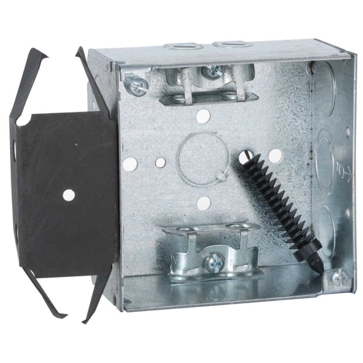Hubbell 243 4 in. Square Box, Welded, 2-1/8 in. Deep with AC/MC/Flex Clamps, Three 1/2 in. KO's and One TKO, BOX-LOC®, MS Bracket, Flush ; Welded steel construction with "MS" BOX-LOC® bracket which allows for positioning on either side of stud ; 4 in. square x 2-1/8 Hubbell 243 4 in. Square Box, Welded, 2-1/8 in. Deep with AC/MC/Flex Clamps, Three 1/2 in. KO's and One TKO, BOX-LOC®, MS Bracket, Flush ; Welded steel construction with "MS" BOX-LOC® bracket which allows for positioning on either side of stud ; 4 in. square x 2-1/8