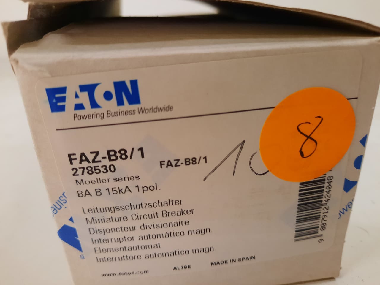 Eaton FAZ-B8/1 277/480 VAC 50/60 Hz, 8 A, 1-Pole, 10 kA, 3 to 5 x Rated Current, Line/Load Terminal, DIN Rail Mount, Standard Packaging, B-Curve, Current Limiting, Thermal Magnetic, Supplementary Protector Eaton FAZ-B8/1 277/480 VAC 50/60 Hz, 8 A, 1-Pole, 10 kA, 3 to 5 x Rated Current, Line/Load Terminal, DIN Rail Mount, Standard Packaging, B-Curve, Current Limiting, Thermal Magnetic, Supplementary Protector