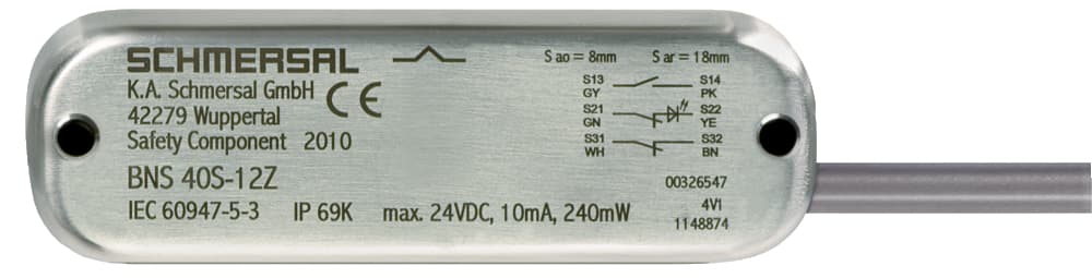 Schmersal BNS 40S-12Z Safety sensors; Magnetic safety sensors; Stainless steel enclosure; Cable connection suitable for the food industry; Concealed mounting possible; 88 mm x 27 mm x 14,5 mm; Long life; no mechanical wear; Insensitive to soiling; Insensitive to transverse mis Schmersal BNS 40S-12Z Safety sensors; Magnetic safety sensors; Stainless steel enclosure; Cable connection suitable for the food industry; Concealed mounting possible; 88 mm x 27 mm x 14,5 mm; Long life; no mechanical wear; Insensitive to soiling; Insensitive to transverse mis