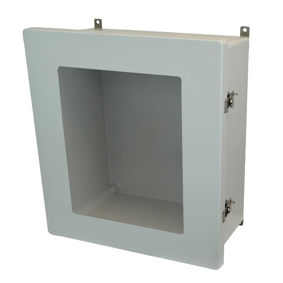 Allied Moulded Products AM1868TW 18"x16"x8" AM Series fiberglass wall mount enclosure assembly with hinged window cover and stainless-steel twist latch Allied Moulded Products AM1868TW 18"x16"x8" AM Series fiberglass wall mount enclosure assembly with hinged window cover and stainless-steel twist latch