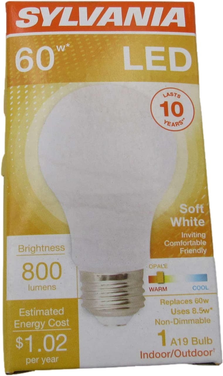 Sylvania LED8.5A19/F/827/10YV/RP 8.5 W, 120 V, 800 Lumen, 2700 K, 80 CRI, 11000 Hr Life, Frosted, Medium Base, A19, Non-Dimmable Sylvania LED8.5A19/F/827/10YV/RP 8.5 W, 120 V, 800 Lumen, 2700 K, 80 CRI, 11000 Hr Life, Frosted, Medium Base, A19, Non-Dimmable