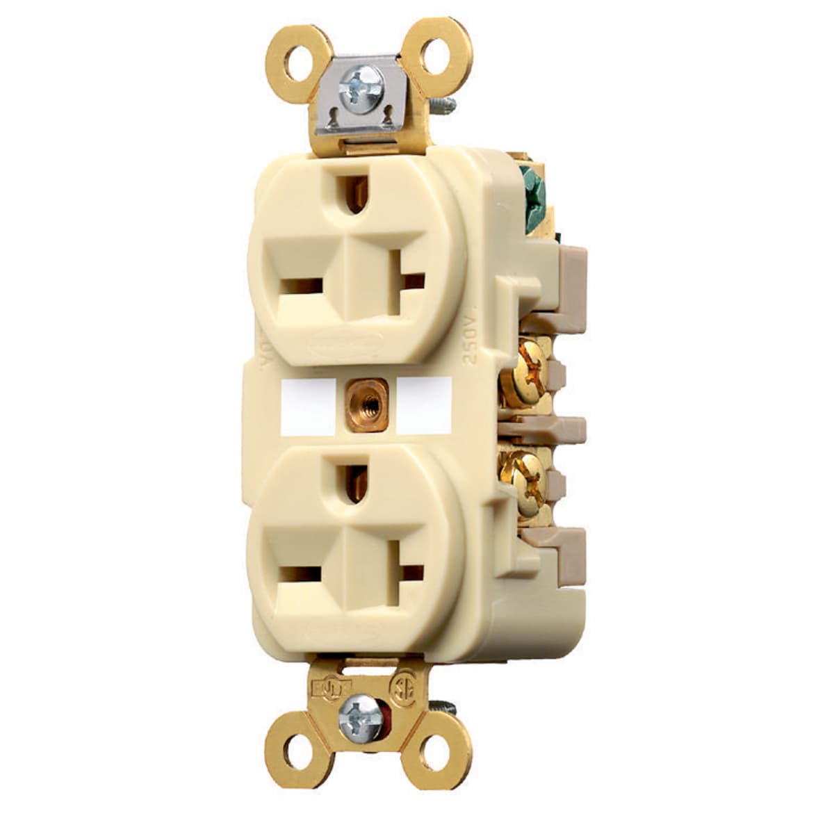 Hubbell HBL5462I Straight Blade Devices, Receptacles, Duplex, Specification Grade, 2-Pole 3-Wire Grounding, 20A 250V, 6-20R, Ivory, Single Pack ; Deep nylon body design delivers increased impact resistance ; One-piece brass integral ground strap ; Finder Groove Face ; De Hubbell HBL5462I Straight Blade Devices, Receptacles, Duplex, Specification Grade, 2-Pole 3-Wire Grounding, 20A 250V, 6-20R, Ivory, Single Pack ; Deep nylon body design delivers increased impact resistance ; One-piece brass integral ground strap ; Finder Groove Face ; De