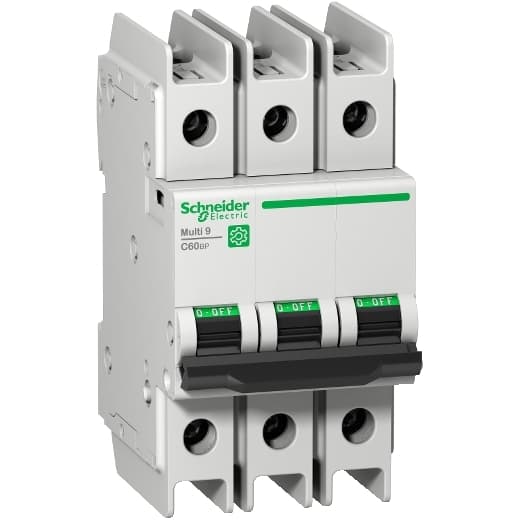 Schneider Electric M9F42320 Schneider Electric M9F42320 is a Miniature Circuit Breaker (MCB) within the C60BP sub-range, designed for three-phase applications with a 20A rated current. It features a 3-pole configuration and offers protection across all poles. This MCB is compliant with UL489 standards, ensuring its suitability for various applications. It operates with a rated insulation voltage (Ui) of 500V, a DC rated voltage of 60Vdc, and AC rated voltages of 240V phase-to-neutral and 415V phase-to-phase. The M9F42320 is capable of handling rated impulse voltages (Uimp) up to 6kV and offers a short circuit breaking rating of 14kA AIR at both 120Vac and 240Vac, and 10kA AIR at 480Y/277Vac and 60Vdc. It is characterized by a C tripping curve. Schneider Electric M9F42320 Schneider Electric M9F42320 is a Miniature Circuit Breaker (MCB) within the C60BP sub-range, designed for three-phase applications with a 20A rated current. It features a 3-pole configuration and offers protection across all poles. This MCB is compliant with UL489 standards, ensuring its suitability for various applications. It operates with a rated insulation voltage (Ui) of 500V, a DC rated voltage of 60Vdc, and AC rated voltages of 240V phase-to-neutral and 415V phase-to-phase. The M9F42320 is capable of handling rated impulse voltages (Uimp) up to 6kV and offers a short circuit breaking rating of 14kA AIR at both 120Vac and 240Vac, and 10kA AIR at 480Y/277Vac and 60Vdc. It is characterized by a C tripping curve.