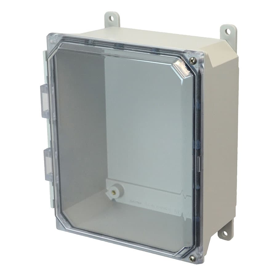 Allied Moulded Products AMU864CCH 8"x6"x4" ULTRALINE® fiberglass wall mount enclosure assembly with 2-screw hinged clear cover Allied Moulded Products AMU864CCH 8"x6"x4" ULTRALINE® fiberglass wall mount enclosure assembly with 2-screw hinged clear cover