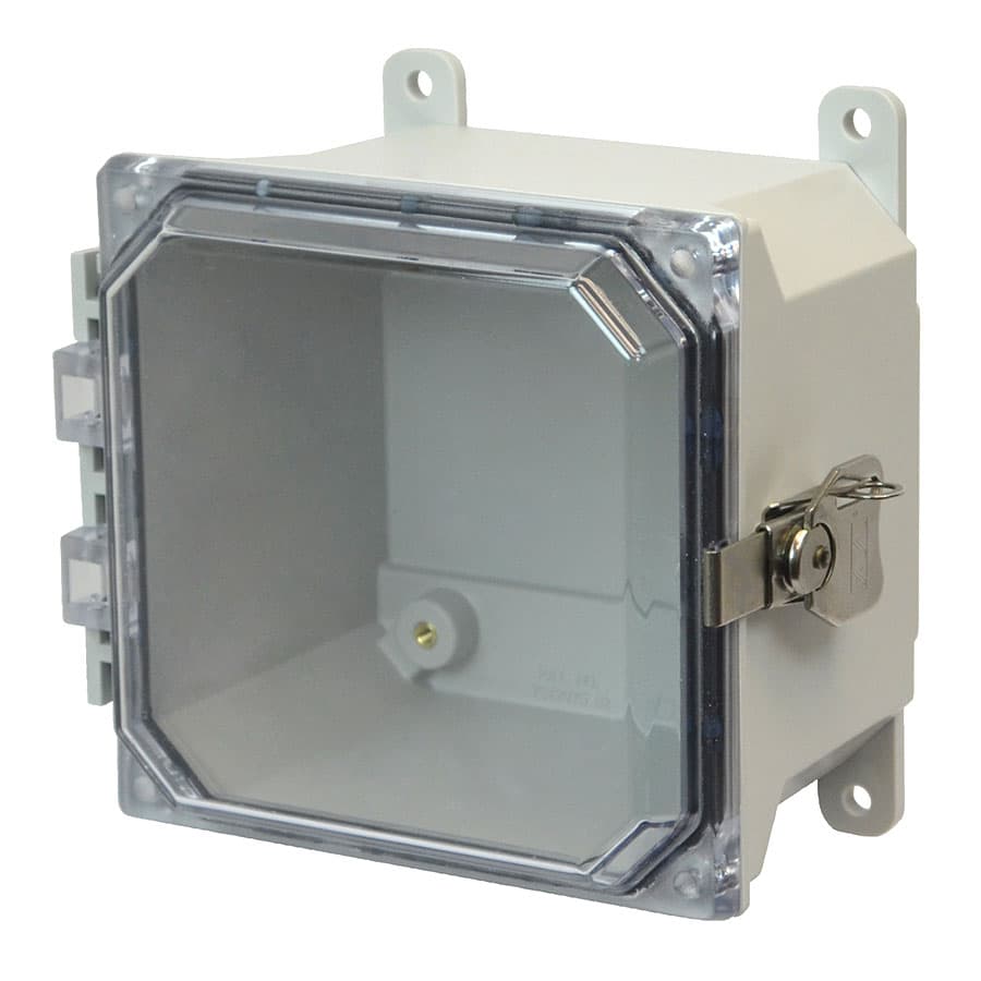 Allied Moulded Products AMU664CCT 6"x6"x4" ULTRALINE® fiberglass wall mount enclosure assembly with hinged clear cover and stainless-steel twist latch Allied Moulded Products AMU664CCT 6"x6"x4" ULTRALINE® fiberglass wall mount enclosure assembly with hinged clear cover and stainless-steel twist latch