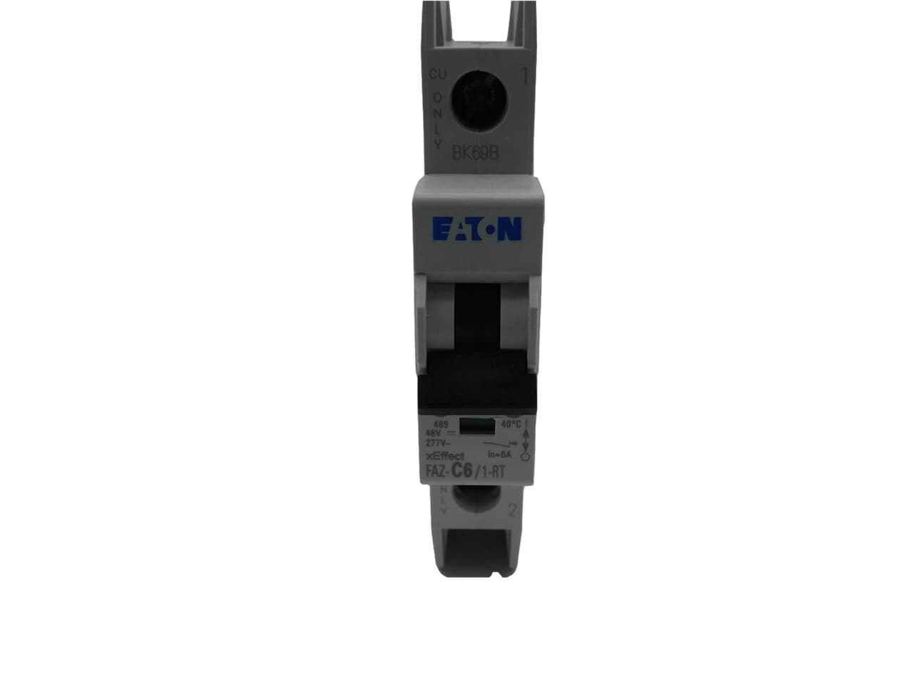 Eaton FAZ-C6/1-RT-SP 277/480 VAC 50/60 Hz, 6 A, 1-Pole, 10/14 kA, 5 to 10 x Rated Current, Ring Tongue Terminal, DIN Rail Mount, Single Packaging, C-Curve, Current Limiting, Thermal Magnetic Eaton FAZ-C6/1-RT-SP 277/480 VAC 50/60 Hz, 6 A, 1-Pole, 10/14 kA, 5 to 10 x Rated Current, Ring Tongue Terminal, DIN Rail Mount, Single Packaging, C-Curve, Current Limiting, Thermal Magnetic