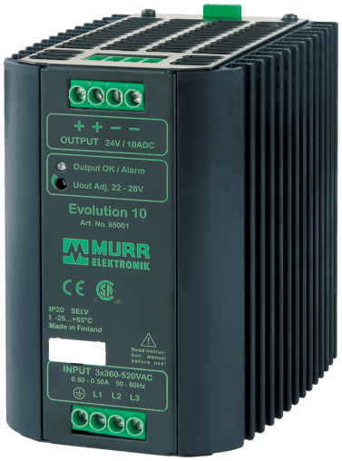 Murr Elektronik 85001 85001 Murrelektronik - EVOLUTION POWER SUPPLY 3-PHASE, IN: 360-520VAC OUT: 22-28V/10ADC, Allows continuous two-phase- operation, Extra-power - for 4 seconds 50% additional power Murr Elektronik 85001 85001 Murrelektronik - EVOLUTION POWER SUPPLY 3-PHASE, IN: 360-520VAC OUT: 22-28V/10ADC, Allows continuous two-phase- operation, Extra-power - for 4 seconds 50% additional power