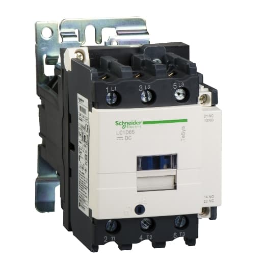 Schneider Electric LC1D806BD Schneider Electric LC1D806BD is a magnetic contactor from the Deca sub-range, designed for ring-lugs connections. It features 3 poles (3P; 3NO) and is rated for a current of 125A (AC-1) and 80A (440Vac; AC-3). This contactor is suitable for DIN rail mounting and has a net width of 85 mm. It offers a degree of protection of IP20 and operates with a control voltage (DC) of 20.4-26.4Vdc (24Vdc nom.; 0.85...1.1 x Uc). The rated operating voltage (Ue) is 1000 V, and it includes 1 normally open (NO) auxiliary contact. The rated impulse voltage (Uimp) is 8 kV. Its rated active power ranges from 22kW (220-230Vac; AC-3) to 55kW (500Vac; AC-3), with specific ratings for various voltages up to 1000Vac. It also features 1 normally closed (NC) auxiliary contact and instantaneous auxiliary contacts type of 1NO+1NC. The rated power in horsepower (HP) varies from 7.5HP at 115Vac single-phase to 60HP at 575-600Vac 3-phase. The mechanical durability of the LC1D806BD is rated at 4,000,000 operations, and its electrical durability with load is 1,500,000 operations. The rated voltage (AC) phase-to-phase is 1000 V. Schneider Electric LC1D806BD Schneider Electric LC1D806BD is a magnetic contactor from the Deca sub-range, designed for ring-lugs connections. It features 3 poles (3P; 3NO) and is rated for a current of 125A (AC-1) and 80A (440Vac; AC-3). This contactor is suitable for DIN rail mounting and has a net width of 85 mm. It offers a degree of protection of IP20 and operates with a control voltage (DC) of 20.4-26.4Vdc (24Vdc nom.; 0.85...1.1 x Uc). The rated operating voltage (Ue) is 1000 V, and it includes 1 normally open (NO) auxiliary contact. The rated impulse voltage (Uimp) is 8 kV. Its rated active power ranges from 22kW (220-230Vac; AC-3) to 55kW (500Vac; AC-3), with specific ratings for various voltages up to 1000Vac. It also features 1 normally closed (NC) auxiliary contact and instantaneous auxiliary contacts type of 1NO+1NC. The rated power in horsepower (HP) varies from 7.5HP at 115Vac single-phase to 60HP at 575-600Vac 3-phase. The mechanical durability of the LC1D806BD is rated at 4,000,000 operations, and its electrical durability with load is 1,500,000 operations. The rated voltage (AC) phase-to-phase is 1000 V.