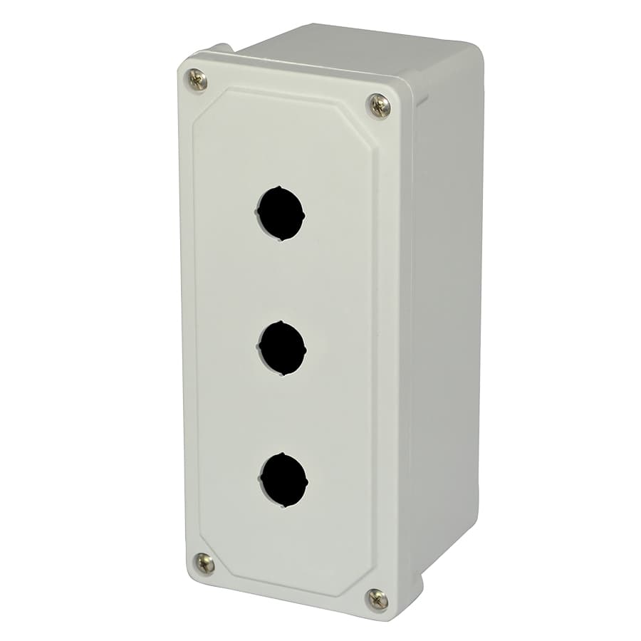 Allied Moulded Products AM3PB22 9"x4"x3" AM Series fiberglass small junction box with 4-screw lift-off cover and 3 (22.5mm) pushbutton holes Allied Moulded Products AM3PB22 9"x4"x3" AM Series fiberglass small junction box with 4-screw lift-off cover and 3 (22.5mm) pushbutton holes