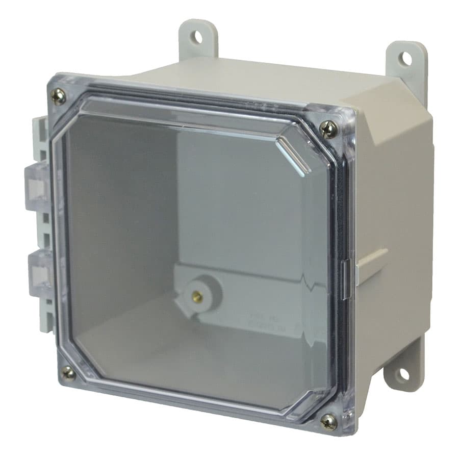 Allied Moulded Products AMU664CC 6"x6"x4" ULTRALINE® fiberglass wall mount enclosure assembly with 4-screw lift-off clear cover Allied Moulded Products AMU664CC 6"x6"x4" ULTRALINE® fiberglass wall mount enclosure assembly with 4-screw lift-off clear cover