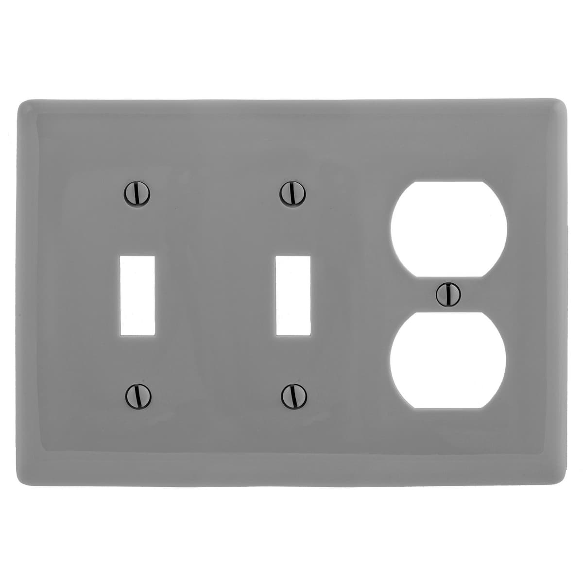 Hubbell NP28GY Wallplates, Nylon, 3-Gang, 2) Toggle, 1) Duplex, Gray ; Reinforcement ribs for extra strength ; High-impact, self-extinguishing nylon material ; Captive screw feature holds mounting screw in place ; Standard Size is 1/8" larger to give you extra coverage Hubbell NP28GY Wallplates, Nylon, 3-Gang, 2) Toggle, 1) Duplex, Gray ; Reinforcement ribs for extra strength ; High-impact, self-extinguishing nylon material ; Captive screw feature holds mounting screw in place ; Standard Size is 1/8" larger to give you extra coverage