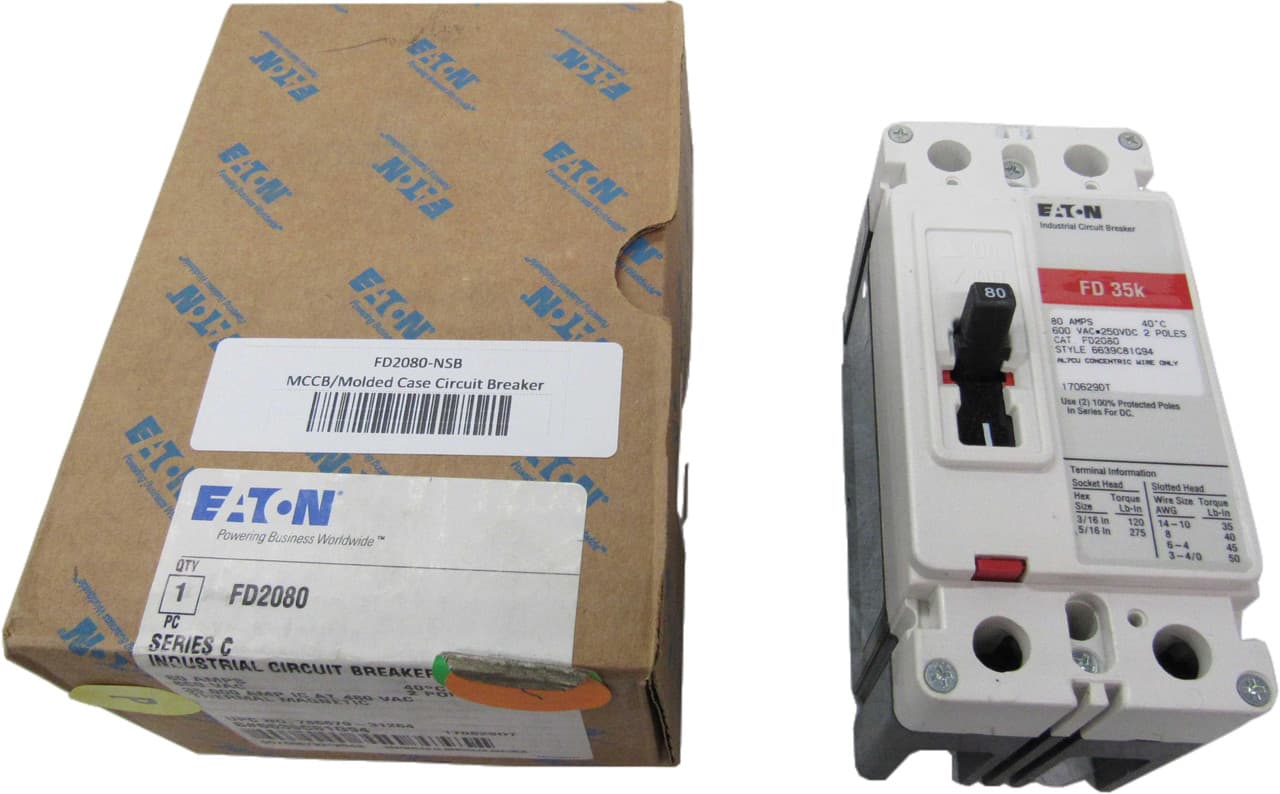 Eaton FD2080 FD2080 Eaton - Eaton Series C complete molded case circuit breaker, F-frame, FD, Complete breaker, Fixed thermal, Fixed magnetic trip type, Two-pole, 80 A, 600 Vac, 250 Vdc, Load side, 50/60 Hz Eaton FD2080 FD2080 Eaton - Eaton Series C complete molded case circuit breaker, F-frame, FD, Complete breaker, Fixed thermal, Fixed magnetic trip type, Two-pole, 80 A, 600 Vac, 250 Vdc, Load side, 50/60 Hz