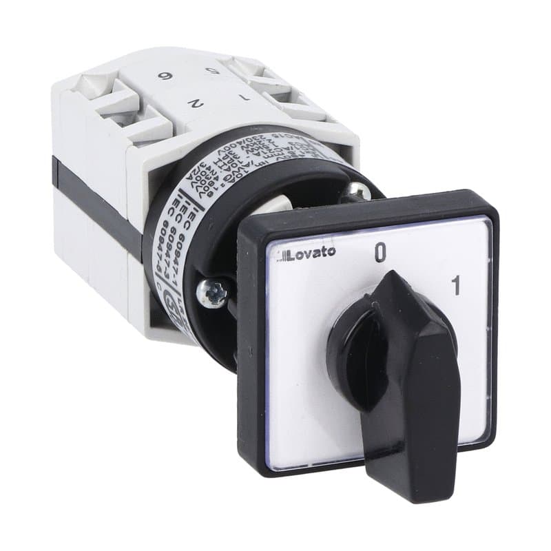 Lovato Electric GF1091U47 GF1091U47 Lovato - Rotary cam switch GF series, ON-OFF switch 2 poles 10A, for snap on front mounting with black handle for hole dia: 22mm fixing, front plate 30X30mm Lovato Electric GF1091U47 GF1091U47 Lovato - Rotary cam switch GF series, ON-OFF switch 2 poles 10A, for snap on front mounting with black handle for hole dia: 22mm fixing, front plate 30X30mm