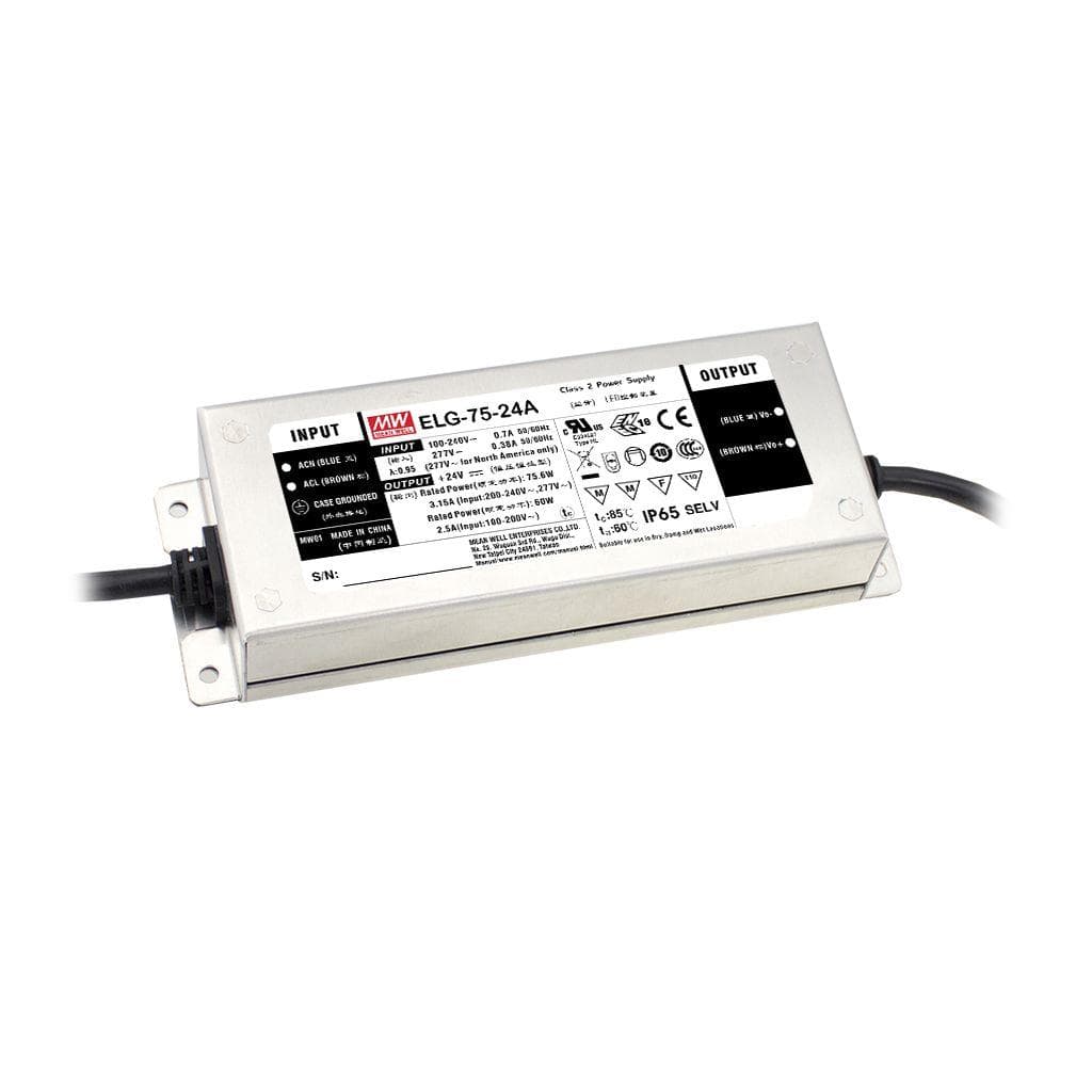 MEAN WELL ELG-75-12B-3Y AC-DC Single output LED Driver Mix Mode (CV+CC) with PFC; 3 wire input; Output 12VDC at 5A; 3 in 1 dimming; IP67; Cable output MEAN WELL ELG-75-12B-3Y AC-DC Single output LED Driver Mix Mode (CV+CC) with PFC; 3 wire input; Output 12VDC at 5A; 3 in 1 dimming; IP67; Cable output