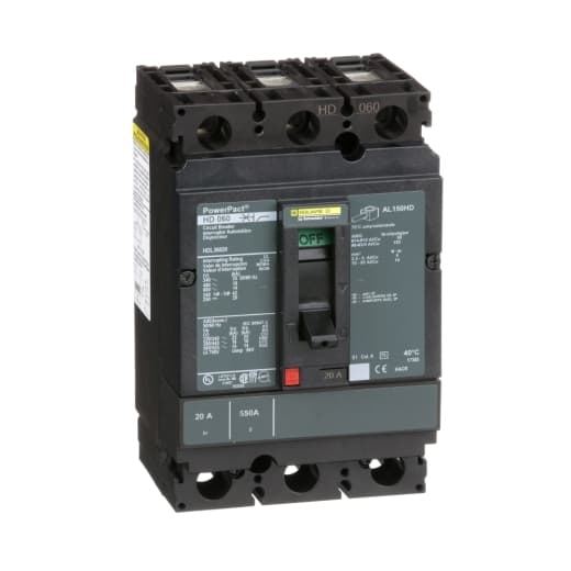 Schneider Electric HDL36020 Square D by Schneider Electric HDL36020 is a Moulded Case Circuit Breaker (MCCB) within the PowerPacT HDL sub-range, featuring a PowerPact H-Frame 150 TMD design. It is a 3-pole (3P) device with a rated current of 20A and offers both thermal protection (overload) and magnetic protection (short-circuit). This MCCB has a rated insulation voltage (Ui) of 750 V, with AC rated voltages of 600Vac and 600Y/347Vac, and a DC rated voltage of 250Vdc. It supports a mounting mode of individual unit mount on plate, with dimensions of 163 mm in height, 104 mm in width, and 86 mm in depth. The HDL36020 provides an IP40 degree of protection and operates with a toggle (manual) mechanism. Its protection settings include over-current fixed at 20A, short-circuit hold current fixed at 350A, and short-circuit trip current fixed at 750A. The rated operating voltage (Ue) is 690 V, with a rated impulse voltage (Uimp) of 8 kV. The trip current rating is 20 AT, with a frame current rating of 150 AF. It has a short circuit breaking rating of 25kA at 240Vac, 18kA at 480Vac and 480Y/277Vac, 14kA at 600Vac and 600Y/347Vac for UL489, and 20kA at 250Vdc for UL489. The trip unit type is thermal-magnetic (fixed), without a display, and it falls under utilisation category A. Connections are made via lugs on both load and line sides. Schneider Electric HDL36020 Square D by Schneider Electric HDL36020 is a Moulded Case Circuit Breaker (MCCB) within the PowerPacT HDL sub-range, featuring a PowerPact H-Frame 150 TMD design. It is a 3-pole (3P) device with a rated current of 20A and offers both thermal protection (overload) and magnetic protection (short-circuit). This MCCB has a rated insulation voltage (Ui) of 750 V, with AC rated voltages of 600Vac and 600Y/347Vac, and a DC rated voltage of 250Vdc. It supports a mounting mode of individual unit mount on plate, with dimensions of 163 mm in height, 104 mm in width, and 86 mm in depth. The HDL36020 provides an IP40 degree of protection and operates with a toggle (manual) mechanism. Its protection settings include over-current fixed at 20A, short-circuit hold current fixed at 350A, and short-circuit trip current fixed at 750A. The rated operating voltage (Ue) is 690 V, with a rated impulse voltage (Uimp) of 8 kV. The trip current rating is 20 AT, with a frame current rating of 150 AF. It has a short circuit breaking rating of 25kA at 240Vac, 18kA at 480Vac and 480Y/277Vac, 14kA at 600Vac and 600Y/347Vac for UL489, and 20kA at 250Vdc for UL489. The trip unit type is thermal-magnetic (fixed), without a display, and it falls under utilisation category A. Connections are made via lugs on both load and line sides.