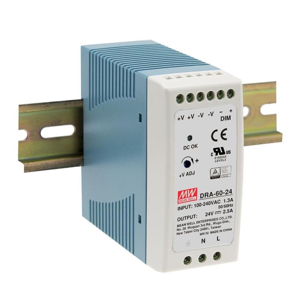 MEAN WELL DRA-60-24 AC-DC Industrial DIN rail power supply; Output 24Vdc at 2.5A; Dimming 0-10Vdc PWM Resistance; plastic case MEAN WELL DRA-60-24 AC-DC Industrial DIN rail power supply; Output 24Vdc at 2.5A; Dimming 0-10Vdc PWM Resistance; plastic case