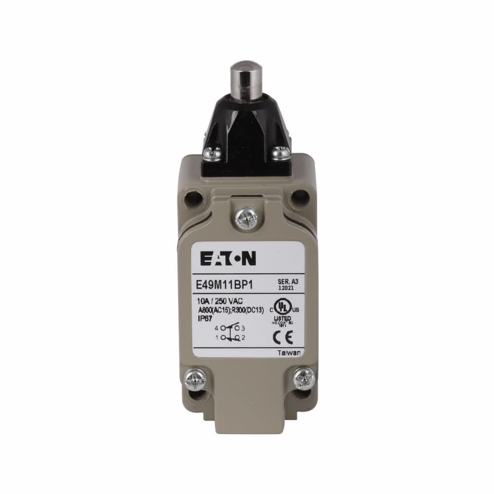 Eaton E49M11BP1 E49M11BP1 Eaton - Assembled Limit Switch, E49, Top push, Screw Terminals, 10A at 250 Vac, 1.5A at 24 Vdc, Standard DIN, 1 mm-2m/s, 1NO-1NC Eaton E49M11BP1 E49M11BP1 Eaton - Assembled Limit Switch, E49, Top push, Screw Terminals, 10A at 250 Vac, 1.5A at 24 Vdc, Standard DIN, 1 mm-2m/s, 1NO-1NC