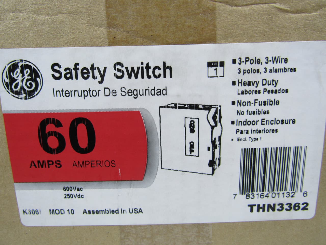 General Electric THN3362 240/480/600 VAC, 250 VDC, 60 A, 3-Pole, 3-Wire, NEMA 1, Class H/K/J/R, Non-Fusible, Heavy Duty, Indoor General Electric THN3362 240/480/600 VAC, 250 VDC, 60 A, 3-Pole, 3-Wire, NEMA 1, Class H/K/J/R, Non-Fusible, Heavy Duty, Indoor
