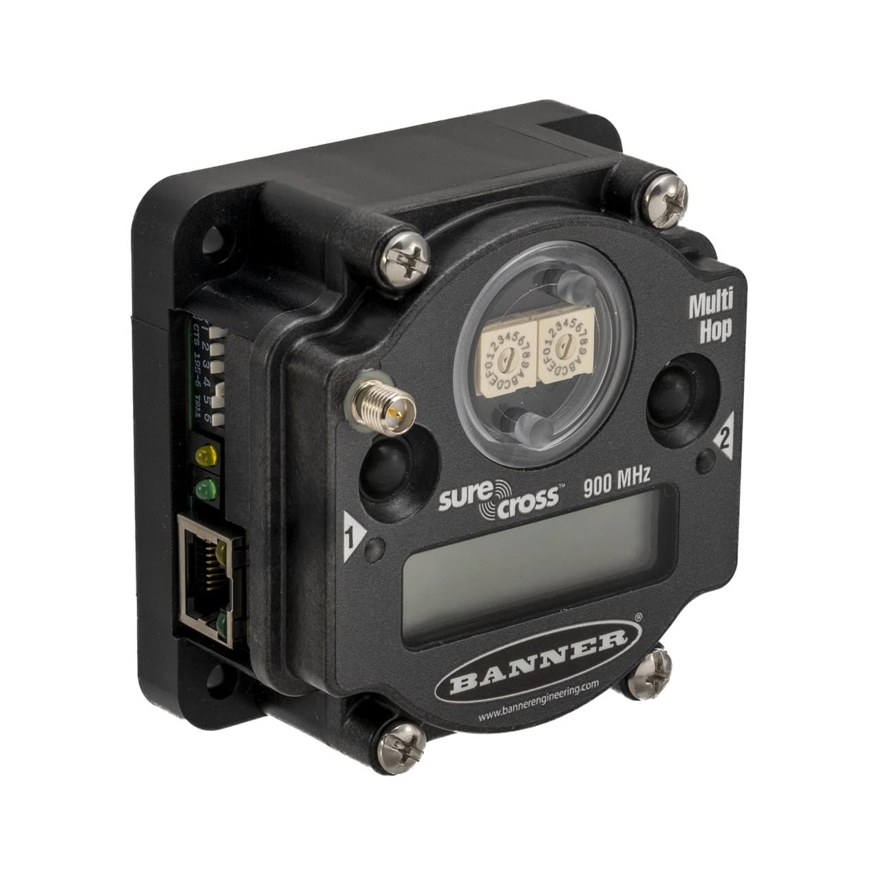 Banner DX80ER9M-H Banner Engineering DX80ER9M-H is a Gateway designed for surface mounting, featuring a polycarbonate housing, polycarbonate rotary dial cover, polyester labels, EDPM rubber cover gasket, and nitrile rubber. It operates within an ambient air temperature range of -40 to +85°C and offers a degree of protection rated at IP20 NEMA 1. The dimensions of this rectangular-shaped gateway are H41.3mm x W80.14mm x D80.14mm. It utilizes a 900 MHz transmission frequency and is equipped with MultiHop flexpower data radio functionality, falling under the MultiHop Modbus IO data radios sub-range. The design incorporates 2 buttons, 2 bi-color LEDs, and employs FHSS (Frequency Hopping Spread Spectrum) technology. For connections, it uses an RJ45 connector (Ethernet), screw connections, and an RP-SMA connector. The supply voltage required is 12-30Vdc (12Vdc-24Vdc nom.). It supports RS-485, RS-232, Modbus RTU, Modbus TCP, and Ethernet/IP communication protocols. Operating on a 900MHz ISM band with 1W power, it can achieve a maximum transmission distance of 9.6km at nominal emission power. Banner DX80ER9M-H Banner Engineering DX80ER9M-H is a Gateway designed for surface mounting, featuring a polycarbonate housing, polycarbonate rotary dial cover, polyester labels, EDPM rubber cover gasket, and nitrile rubber. It operates within an ambient air temperature range of -40 to +85°C and offers a degree of protection rated at IP20 NEMA 1. The dimensions of this rectangular-shaped gateway are H41.3mm x W80.14mm x D80.14mm. It utilizes a 900 MHz transmission frequency and is equipped with MultiHop flexpower data radio functionality, falling under the MultiHop Modbus IO data radios sub-range. The design incorporates 2 buttons, 2 bi-color LEDs, and employs FHSS (Frequency Hopping Spread Spectrum) technology. For connections, it uses an RJ45 connector (Ethernet), screw connections, and an RP-SMA connector. The supply voltage required is 12-30Vdc (12Vdc-24Vdc nom.). It supports RS-485, RS-232, Modbus RTU, Modbus TCP, and Ethernet/IP communication protocols. Operating on a 900MHz ISM band with 1W power, it can achieve a maximum transmission distance of 9.6km at nominal emission power.