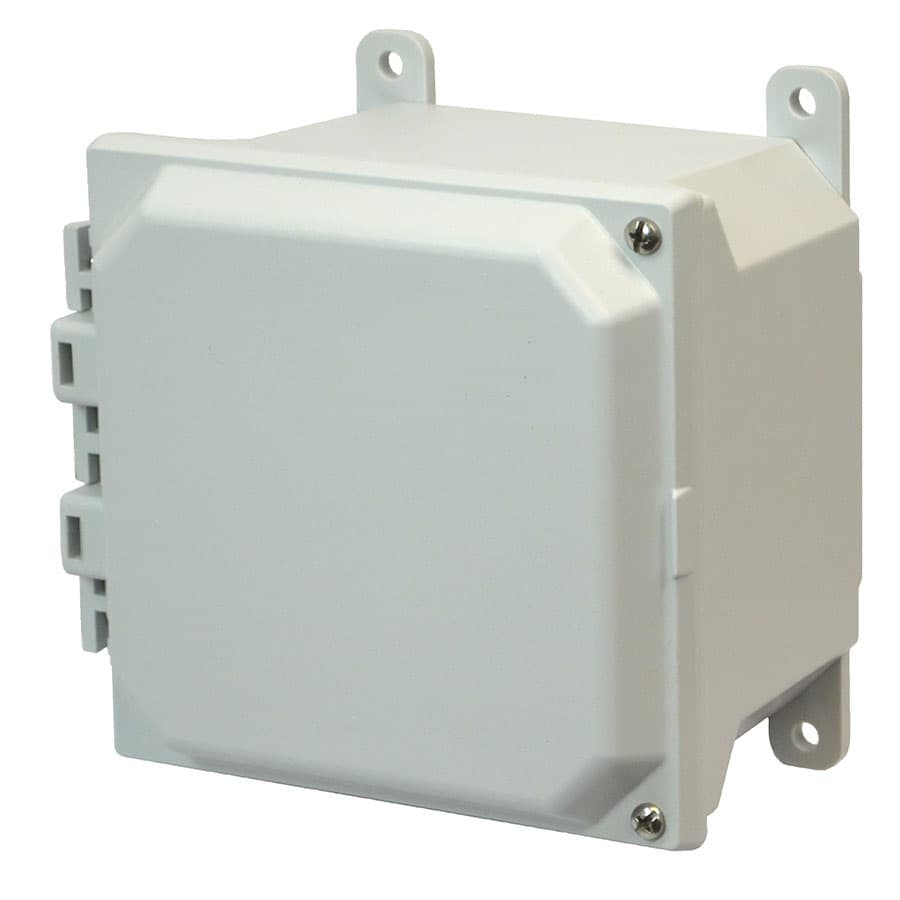 Allied Moulded Products AMU664H 6"x6"x4" ULTRALINE® fiberglass wall mount enclosure assembly with 2-screw hinged cover Allied Moulded Products AMU664H 6"x6"x4" ULTRALINE® fiberglass wall mount enclosure assembly with 2-screw hinged cover