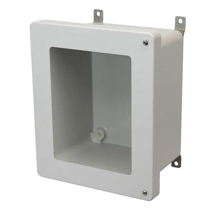 Allied Moulded Products AM1084HW 10"x8"x4" AM Series fiberglass wall mount enclosure assembly with 2-screw hinged window cover Allied Moulded Products AM1084HW 10"x8"x4" AM Series fiberglass wall mount enclosure assembly with 2-screw hinged window cover