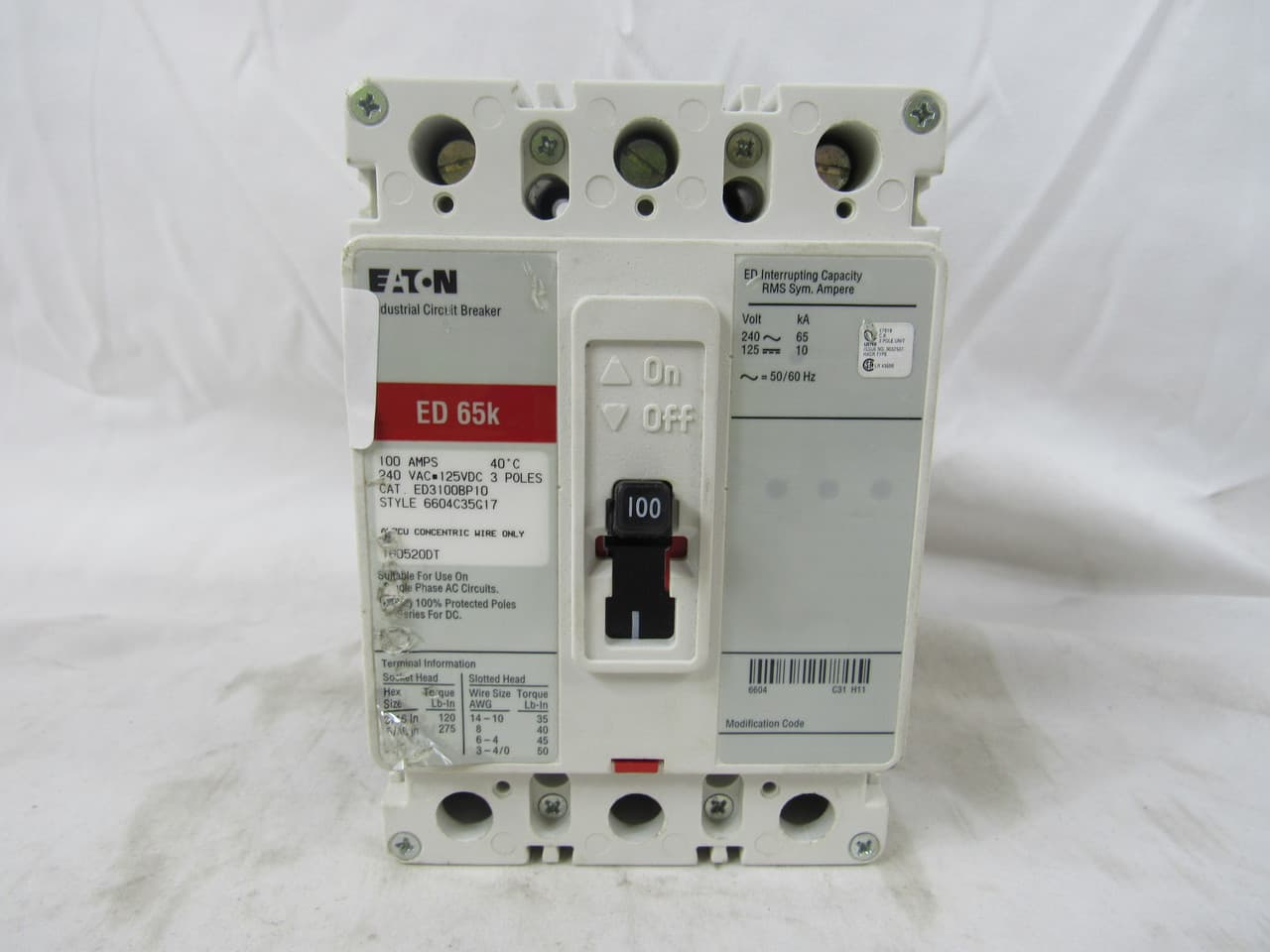 Eaton ED3100 ED3100 Eaton - Eaton Series C complete molded case circuit breaker, F-frame, ED, Complete breaker, Fixed thermal, Fixed magnetic trip type, Three-pole, 100 A, 240 Vac, 125 Vdc, 65 kAIC at 240 Vac, Load side, 50/60 Hz Eaton ED3100 ED3100 Eaton - Eaton Series C complete molded case circuit breaker, F-frame, ED, Complete breaker, Fixed thermal, Fixed magnetic trip type, Three-pole, 100 A, 240 Vac, 125 Vdc, 65 kAIC at 240 Vac, Load side, 50/60 Hz