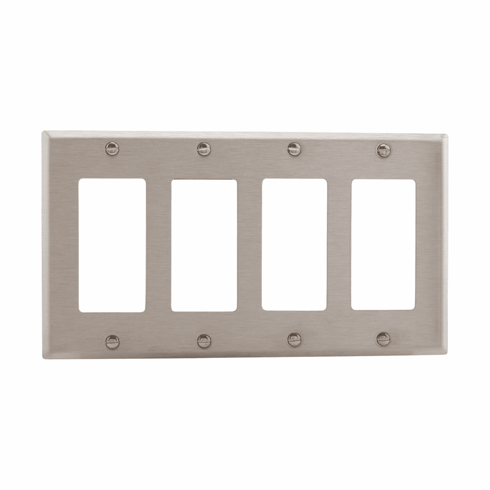 Eaton 93404-BOX 93404-BOX Eaton - Eaton Decorator / GFCI wallplate, Stainless steel, Decorator Cutout, Stainless steel, Four- gang, Standard, ED Box Eaton 93404-BOX 93404-BOX Eaton - Eaton Decorator / GFCI wallplate, Stainless steel, Decorator Cutout, Stainless steel, Four- gang, Standard, ED Box