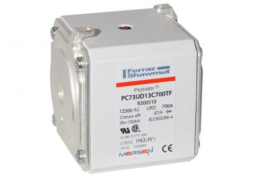 Mersen R300510 R300510 Mersen - Square Body High-Speed Fuse Protistor® Size 73 aR 1250VAC IEC 1300VAC UL 700A With Striker Flush ends metric threads Mersen R300510 R300510 Mersen - Square Body High-Speed Fuse Protistor® Size 73 aR 1250VAC IEC 1300VAC UL 700A With Striker Flush ends metric threads