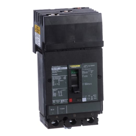 Schneider Electric HGA36090 Square D by Schneider Electric HGA36090 is a Moulded Case Circuit Breaker (MCCB) within the PowerPacT HGA sub-range. It features a PowerPact H-Frame 150 TMD design, suitable for 3-pole (3P) applications with a rated current of 90A. This MCCB operates with a rated insulation voltage (Ui) of 750 V, and it can handle rated voltages of 600Vac 600Y/347Vac and 500Vdc. It is designed for I-line connections (ABC phases) and mounts on I-line with line side isolated plug-on jaws plus a mechanical I-Line bracket mechanism for robust attachment. The device offers thermal protection for overload scenarios and magnetic protection for short-circuit conditions. Its protection settings include over-current fixed at 90A and short-circuit protection with hold current fixed at 800A and trip current fixed at 1450A. The HGA36090 has a net height of 163 mm, a net width of 104 mm, and a net depth of 86 mm, featuring an IP40 degree of protection. The operating mode is manual toggle, with no display for the trip unit, which is of a fixed thermal-magnetic type. It has a frame current rating of 150 AF and a trip current rating of 90 AT, with a short circuit breaking rating that varies depending on the voltage and conforms to UL489 standards. The rated operating voltage (Ue) is 690 V, with a rated impulse voltage (Uimp) of 8 kV, and it falls under utilisation category A. Schneider Electric HGA36090 Square D by Schneider Electric HGA36090 is a Moulded Case Circuit Breaker (MCCB) within the PowerPacT HGA sub-range. It features a PowerPact H-Frame 150 TMD design, suitable for 3-pole (3P) applications with a rated current of 90A. This MCCB operates with a rated insulation voltage (Ui) of 750 V, and it can handle rated voltages of 600Vac 600Y/347Vac and 500Vdc. It is designed for I-line connections (ABC phases) and mounts on I-line with line side isolated plug-on jaws plus a mechanical I-Line bracket mechanism for robust attachment. The device offers thermal protection for overload scenarios and magnetic protection for short-circuit conditions. Its protection settings include over-current fixed at 90A and short-circuit protection with hold current fixed at 800A and trip current fixed at 1450A. The HGA36090 has a net height of 163 mm, a net width of 104 mm, and a net depth of 86 mm, featuring an IP40 degree of protection. The operating mode is manual toggle, with no display for the trip unit, which is of a fixed thermal-magnetic type. It has a frame current rating of 150 AF and a trip current rating of 90 AT, with a short circuit breaking rating that varies depending on the voltage and conforms to UL489 standards. The rated operating voltage (Ue) is 690 V, with a rated impulse voltage (Uimp) of 8 kV, and it falls under utilisation category A.
