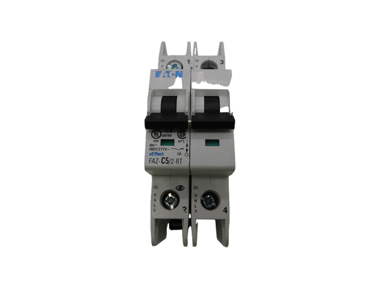 Eaton FAZ-C5/2-RT 277/480 VAC 50/60 Hz, 5 A, 2-Pole, 10/14 kA, 5 to 10 x Rated Current, Ring Tongue Terminal, DIN Rail Mount, Standard Packaging, C-Curve, Current Limiting, Thermal Magnetic Eaton FAZ-C5/2-RT 277/480 VAC 50/60 Hz, 5 A, 2-Pole, 10/14 kA, 5 to 10 x Rated Current, Ring Tongue Terminal, DIN Rail Mount, Standard Packaging, C-Curve, Current Limiting, Thermal Magnetic