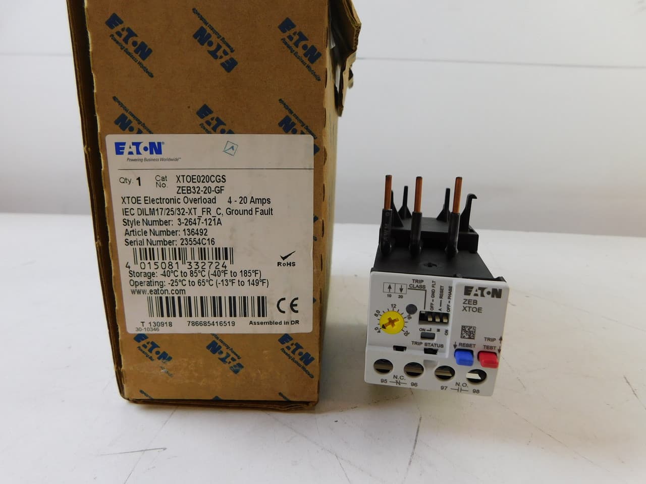 Eaton XTOE1P6BCS XTOE1P6BCS Eaton - Eaton C440 electronic overload relay, XT IEC Electronic Overload Relay, 0.33-1.65A overload range, 45 mm Frame size, NO-NC contact configuration, Direct to contactor mounting, Selectable - 10A, 10, 20, 30 trip type Eaton XTOE1P6BCS XTOE1P6BCS Eaton - Eaton C440 electronic overload relay, XT IEC Electronic Overload Relay, 0.33-1.65A overload range, 45 mm Frame size, NO-NC contact configuration, Direct to contactor mounting, Selectable - 10A, 10, 20, 30 trip type