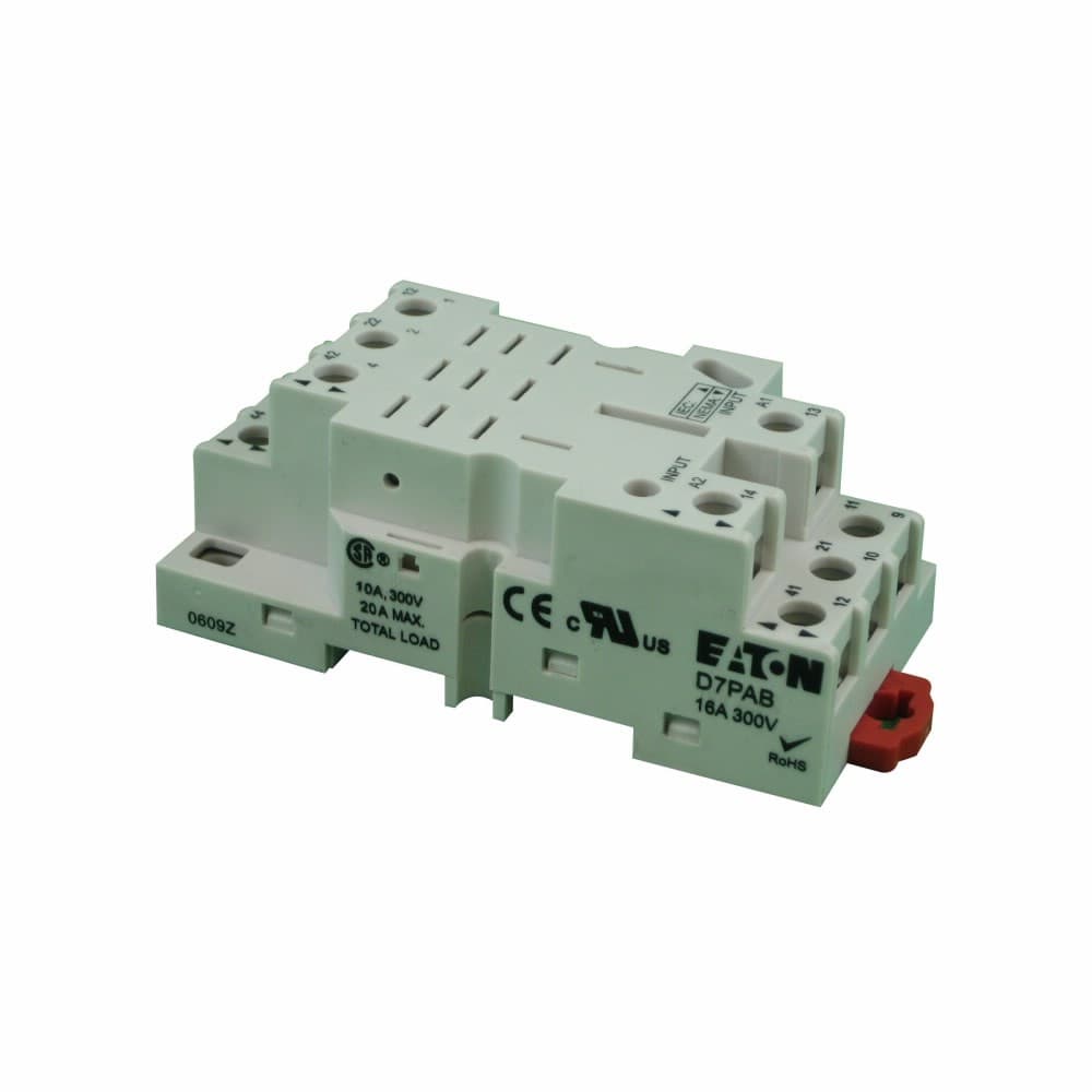 Eaton D7PAB D7PAB Eaton - Eaton General-purpose relay, D7 Series Socket, Used with D7PR3 and D7PF3 Relays, Module size A, 300V nominal voltage, 16A nominal current, DIN rail/panel mount, Screw clamping wire connection, IP20 enclosure Eaton D7PAB D7PAB Eaton - Eaton General-purpose relay, D7 Series Socket, Used with D7PR3 and D7PF3 Relays, Module size A, 300V nominal voltage, 16A nominal current, DIN rail/panel mount, Screw clamping wire connection, IP20 enclosure
