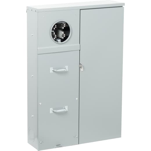 Schneider Electric CU12L400CB150 Square D by Schneider Electric CU12L400CB150 is a meter center main unit designed for both surface and semi-flush mounting. This unit features a single ringed meter socket accompanied by a Class 320 manual bypass. It utilizes lugs for ground connections and studs for line connections. The rated current for this part is 400A, and it has a short circuit breaking rating of 22kA. Schneider Electric CU12L400CB150 Square D by Schneider Electric CU12L400CB150 is a meter center main unit designed for both surface and semi-flush mounting. This unit features a single ringed meter socket accompanied by a Class 320 manual bypass. It utilizes lugs for ground connections and studs for line connections. The rated current for this part is 400A, and it has a short circuit breaking rating of 22kA.